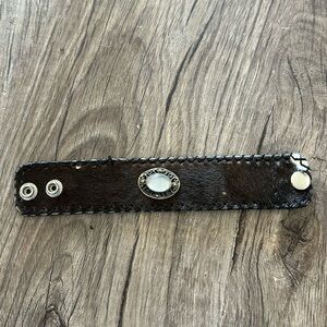 Cowhide style bracelet, brown, and white with moonstone style brooch